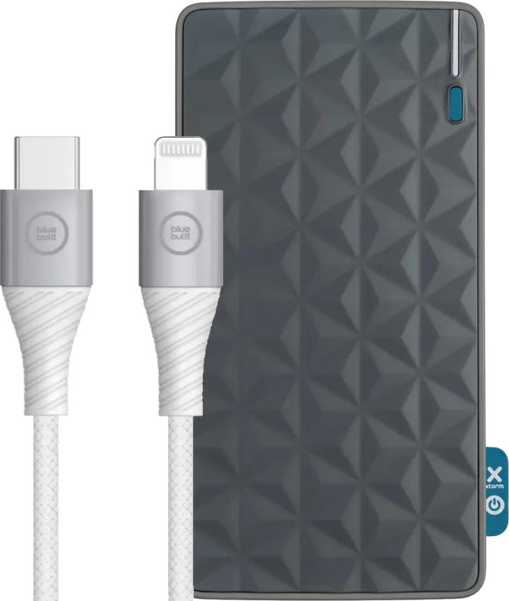 BlueBuilt Powerbank met Snelladen 10.000 mAh + Lightning Kabel 1,5m Nylon Wit